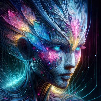 The primary subject of the image is a close-up of a woman's face, featuring a mix of blue, purple, and pink colors. The setting is a futuristic environment, with a background that includes a colorful, abstract design. The visual style is a combination of digital art and illustration, creating a unique and captivating portrait. The colors and mood of the image are vibrant and lively, evoking a sense of wonder and creativity.